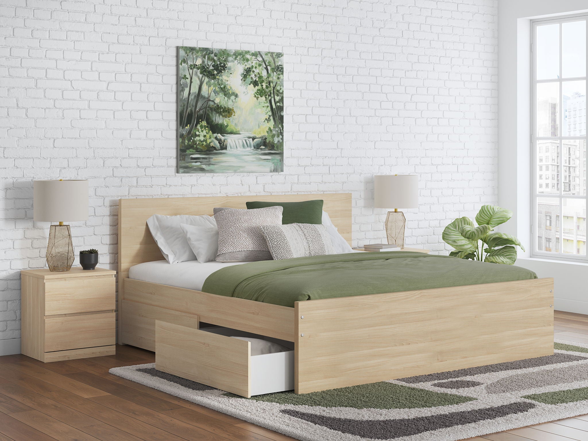 Light brown panel platform bed with slatted base and side storage drawers
