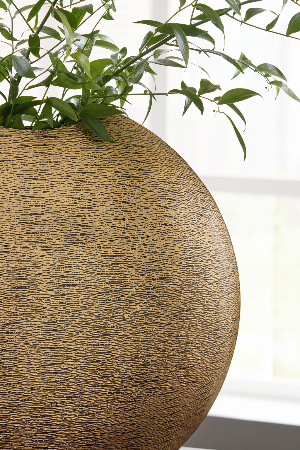 Gold textured vase close-up on curved side with dark rim opening