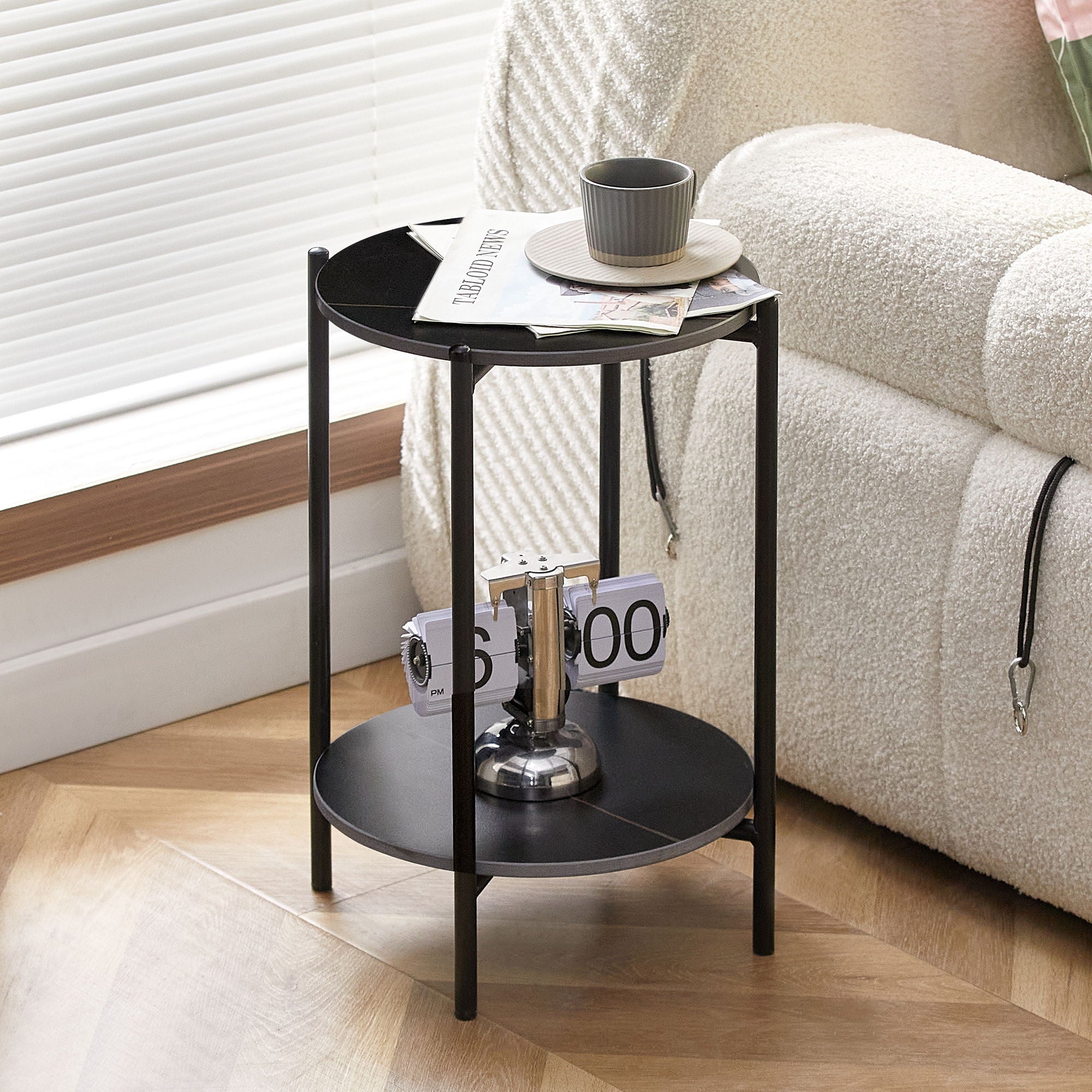 2 - Layer End Table With Whole Marble Tabletop, Round Coffee Table With Black Metal Frame For Bedroom Living Room Office Black