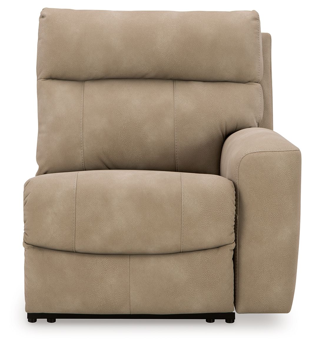 Sand fabric power recliner with tufted seat panels and padded right arm