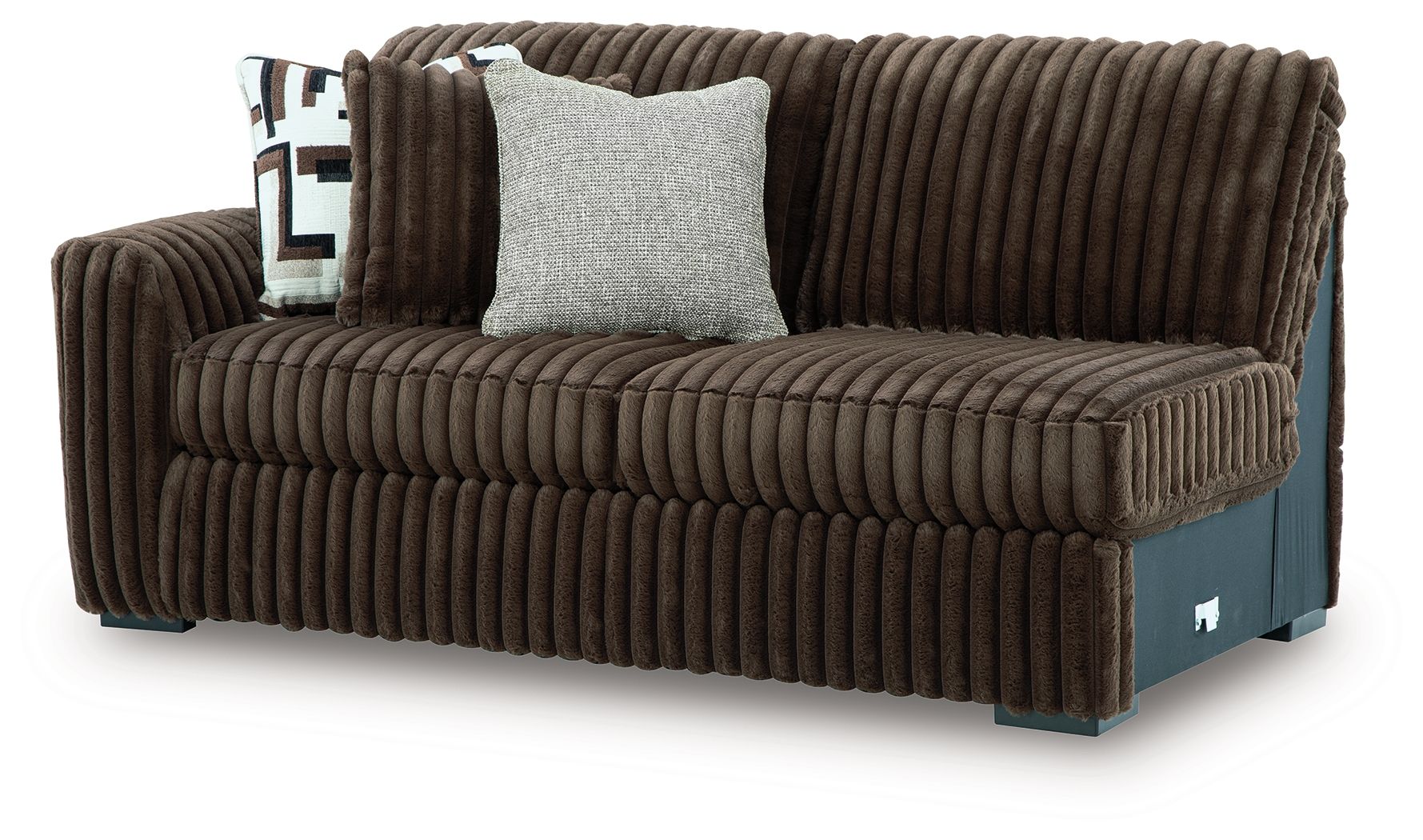 Left-arm facing sofa section in dark brown ribbed corduroy with gray and patterned pillows.