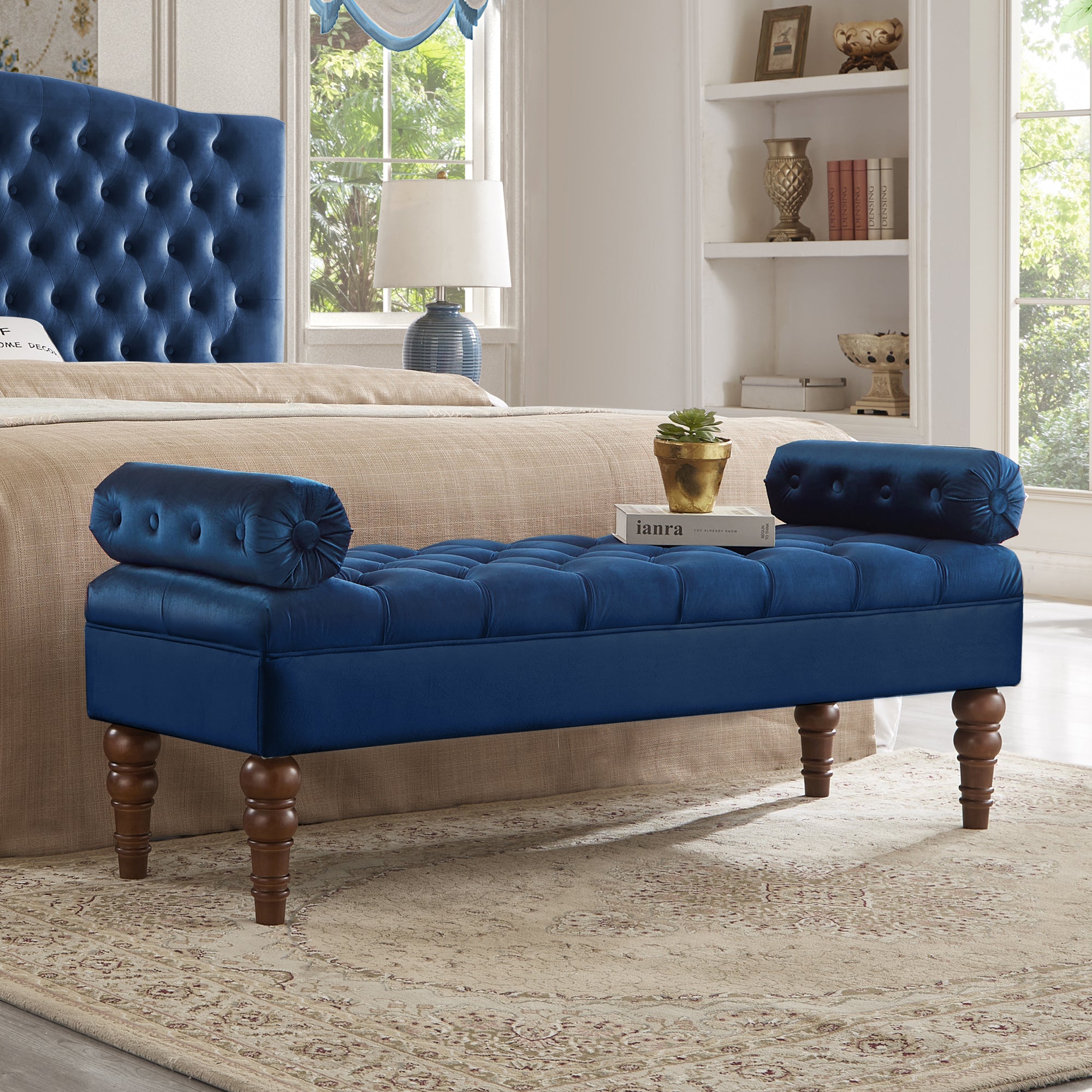 Velvet Tufted Navy Bench for Bedroom, Entryway & Living Room