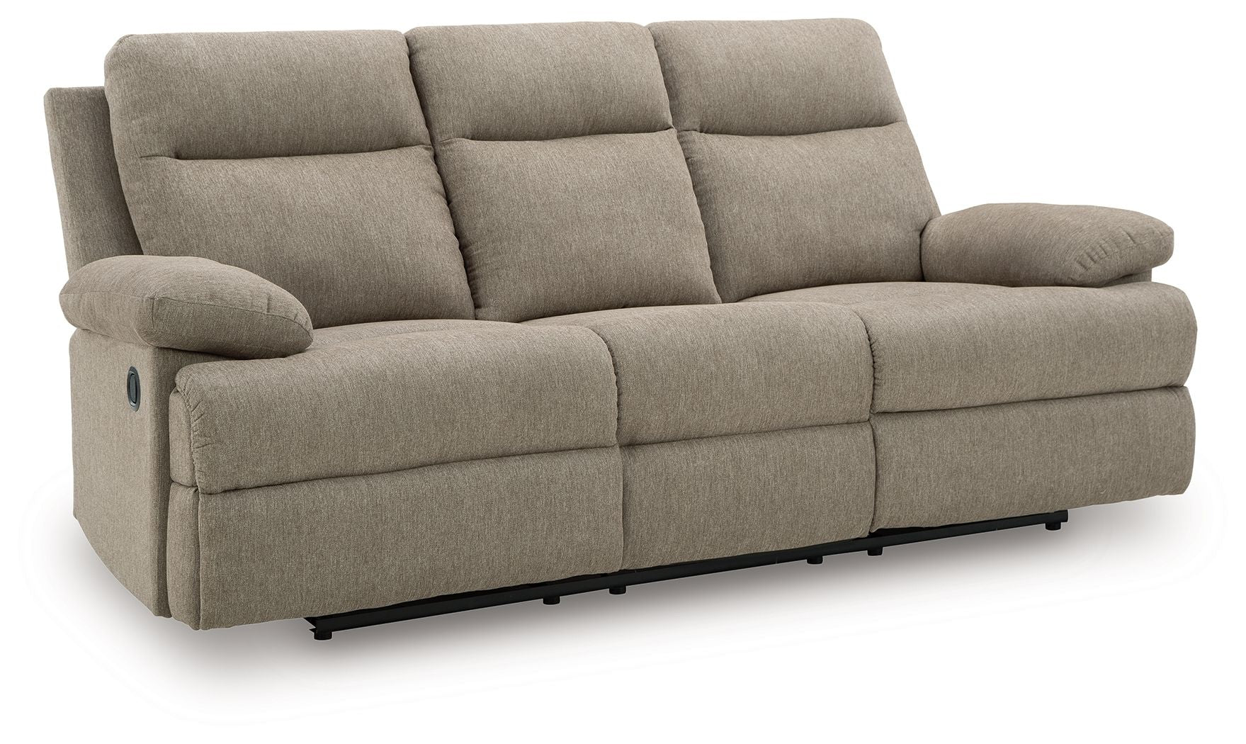 Beige reclining sofa with padded armrests and segmented seat cushions