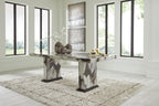 Rectangular dining table with marble-look stone finish and dark base legs