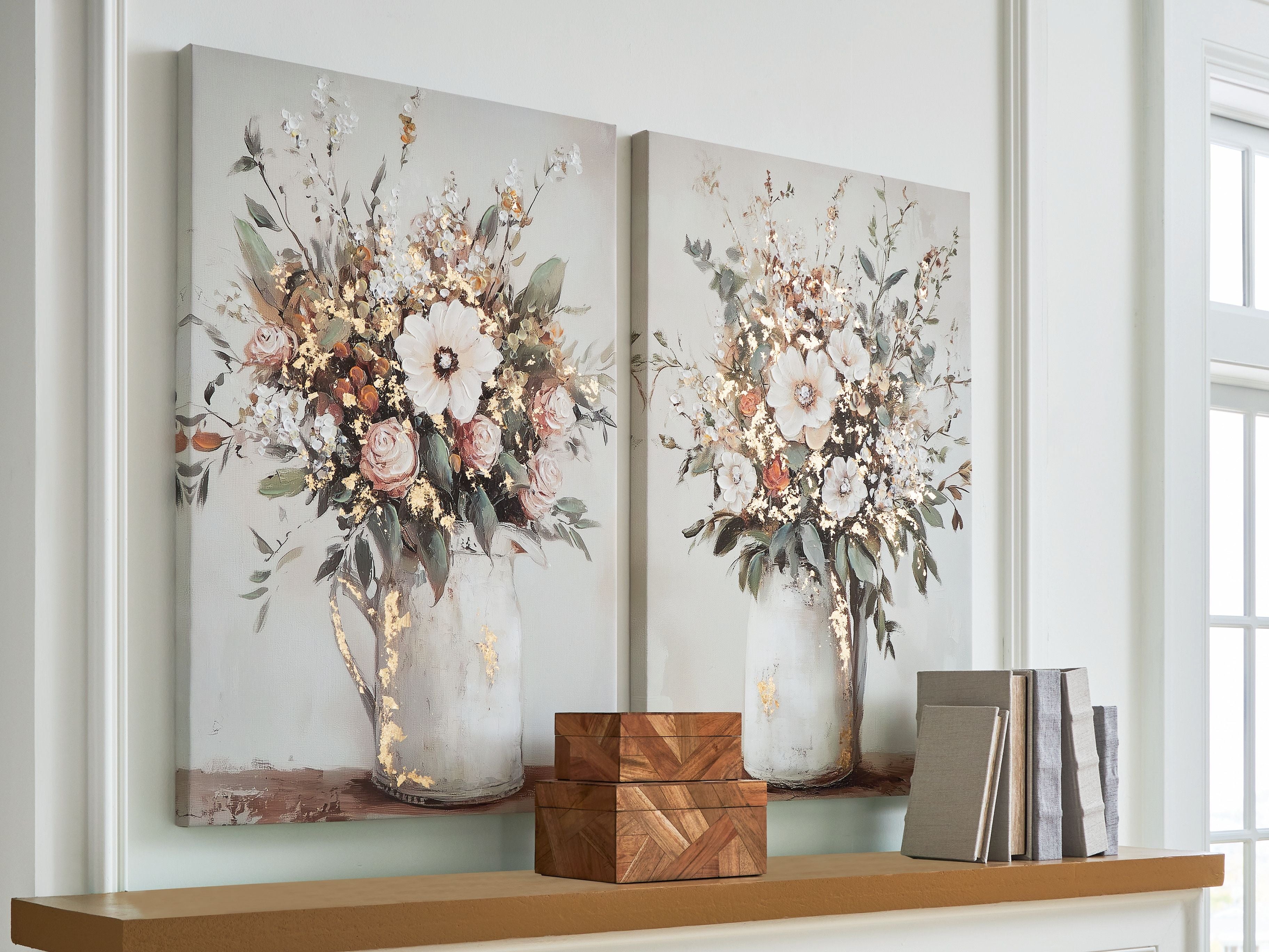 Set of 2 floral wall art canvases, white vase bouquets