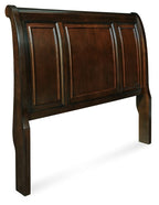 Queen sleigh headboard in rustic brown with panelled detailing and tall curved sides