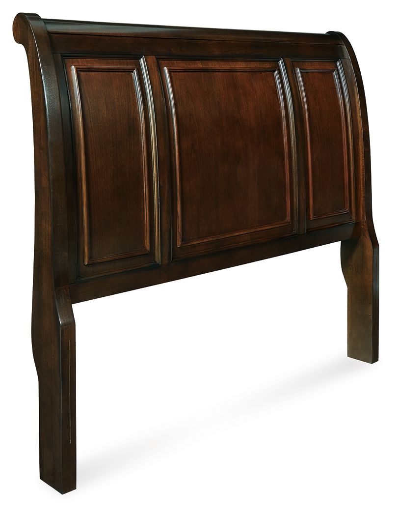 Queen sleigh headboard in rustic brown with panelled detailing and tall curved sides