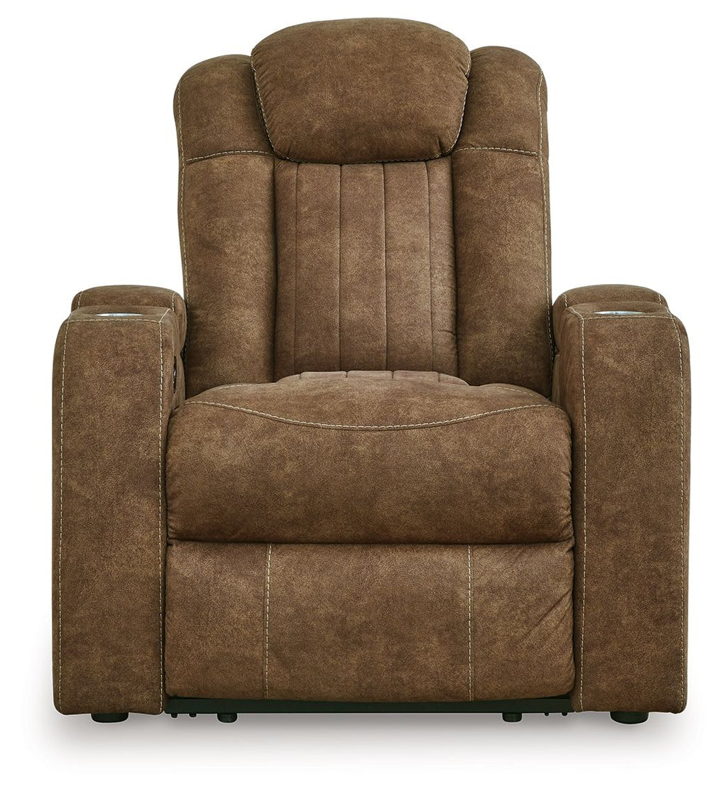 Brown power recliner front view with cushioned seat, tall back, and padded armrests