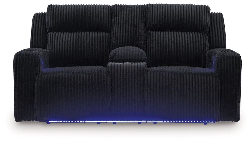 Power reclining loveseat with console armrests and adjustable headrests, black ribbed upholstery