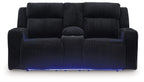 Power reclining loveseat with console armrests and adjustable headrests, black ribbed upholstery