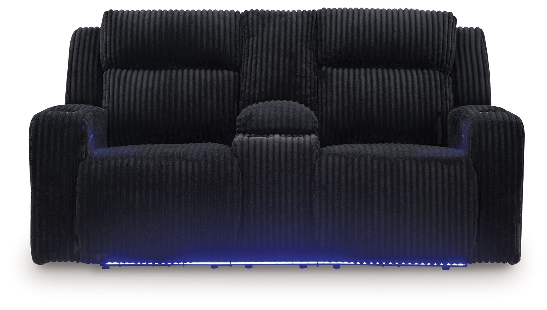 Power reclining loveseat with console armrests and adjustable headrests, black ribbed upholstery