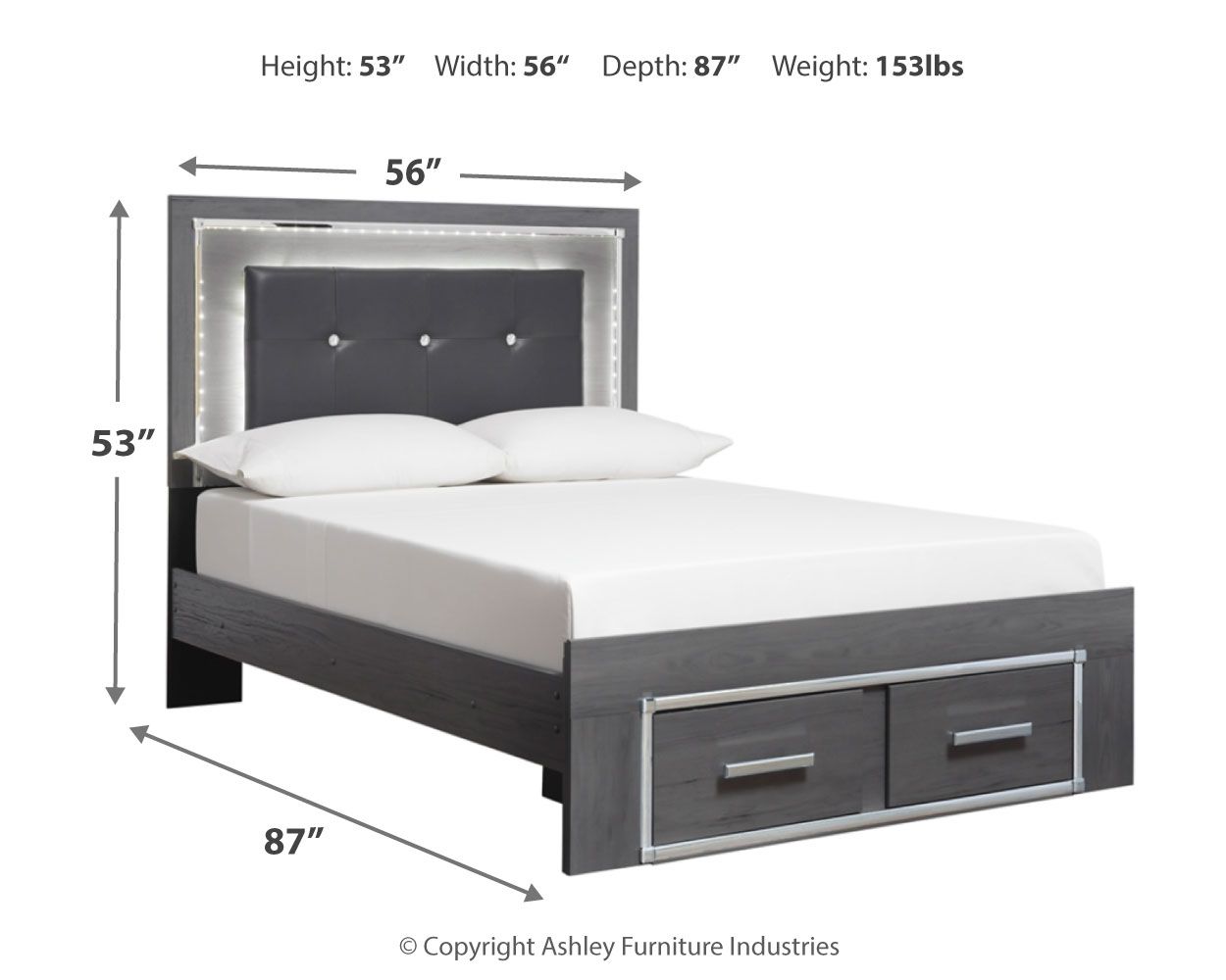 Gray panel bed with upholstered headboard and two front drawers