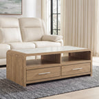 Light brown rectangular coffee table with open shelves and two drawers, bar pulls