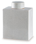 Haddworth jar in white with crackle texture and round lid with thin gold base ring