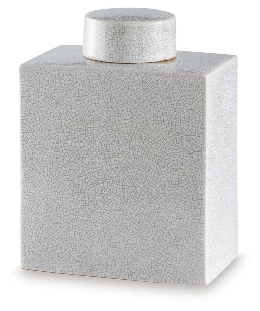 Haddworth jar in white with crackle texture and round lid with thin gold base ring