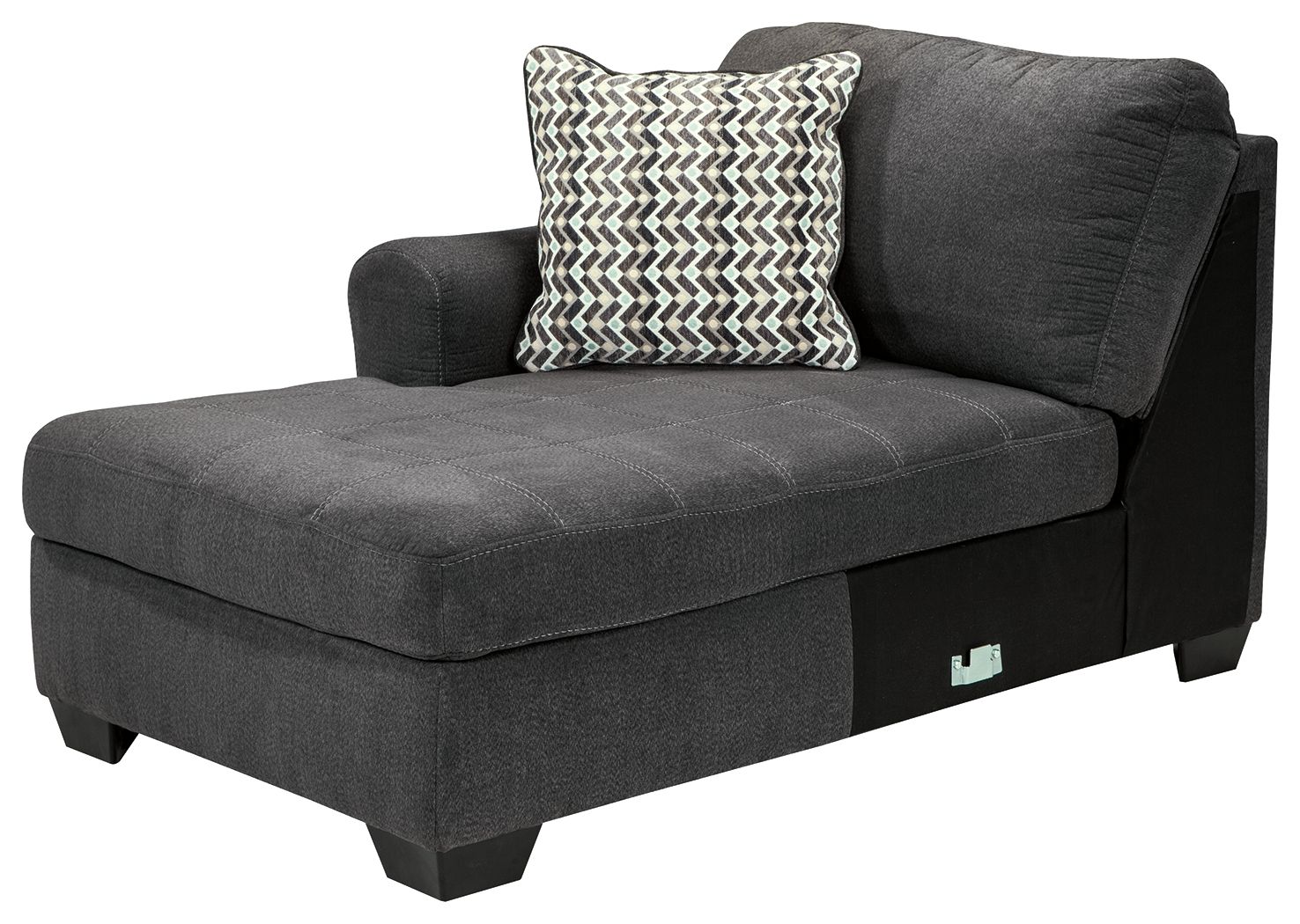 Slate LAF corner chaise in dark gray upholstery with tufted armrest and patterned throw pillow
