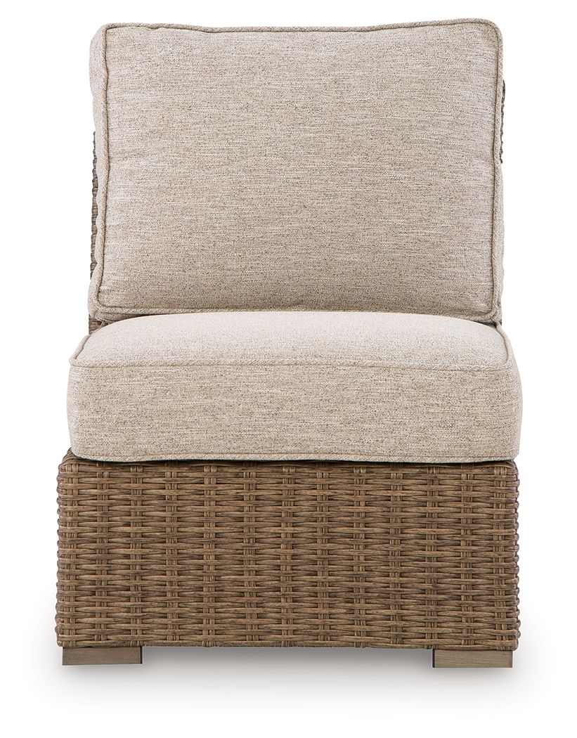 Beige armless chair with square back cushion and seat cushion, woven wicker base