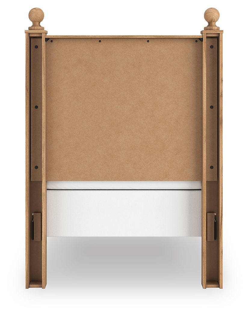 Light brown wooden bed frame with beige panel and supported platform, underside view