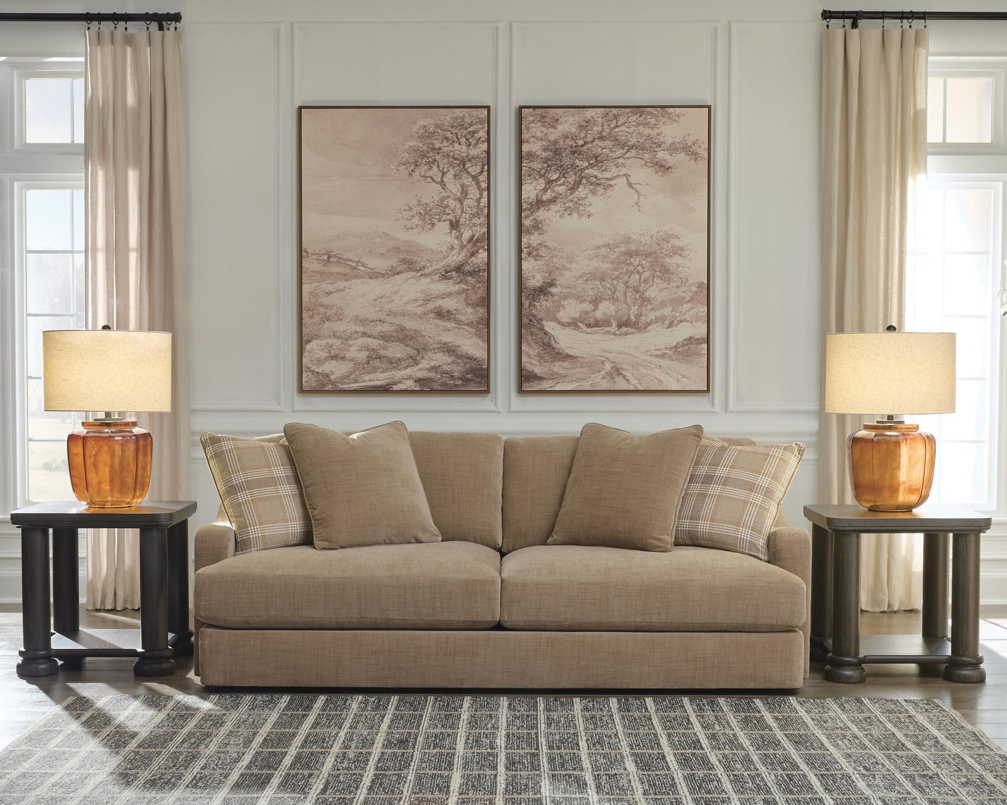 Sofa with light beige upholstery and plaid throw pillows, 3 back cushions