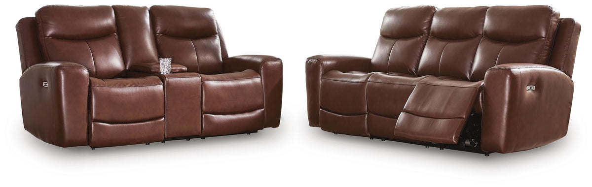 Dark brown power reclining sofa and loveseat with cushioned armrests