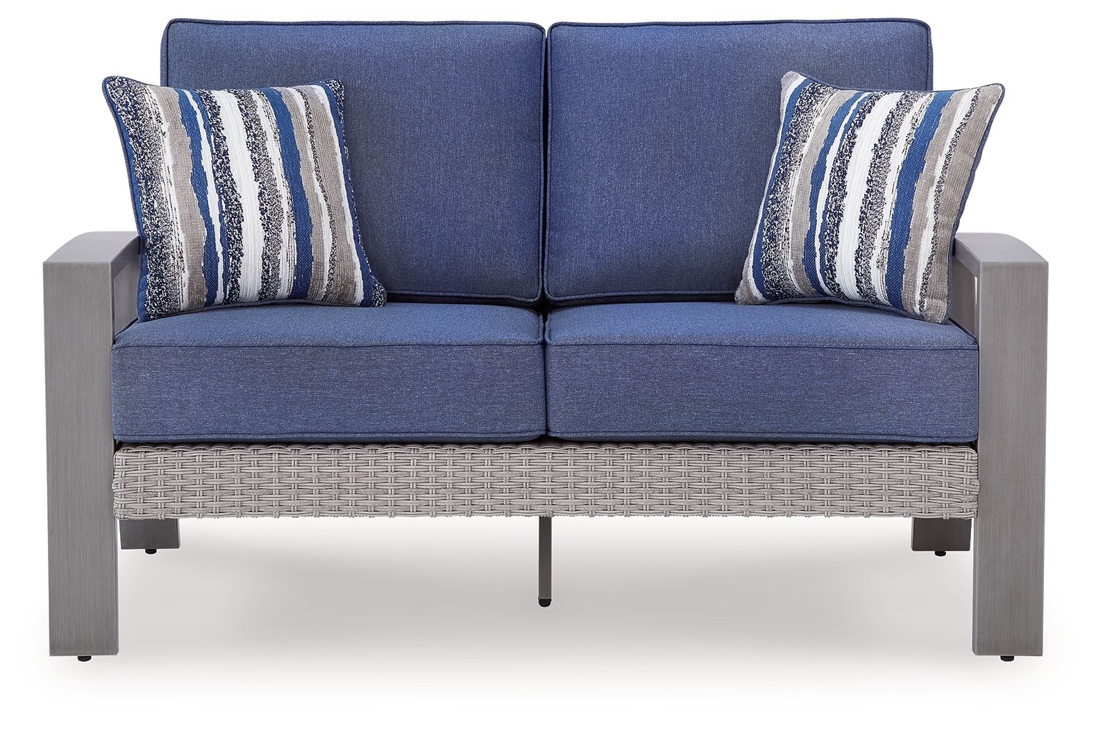 Blue upholstered loveseat with gray frame and two striped throw pillows, front view
