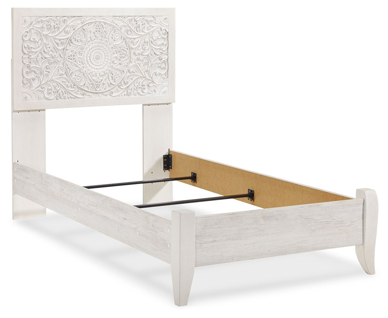 White panel bed frame with open base and slatted support rails