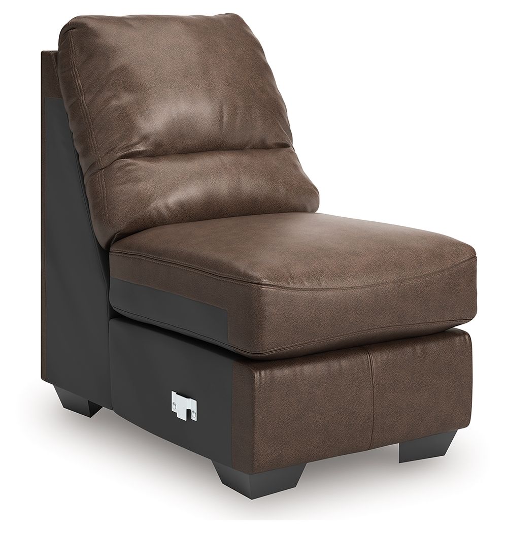 Whitlock armless chair in umber brown faux leather with cushioned seat and backrest