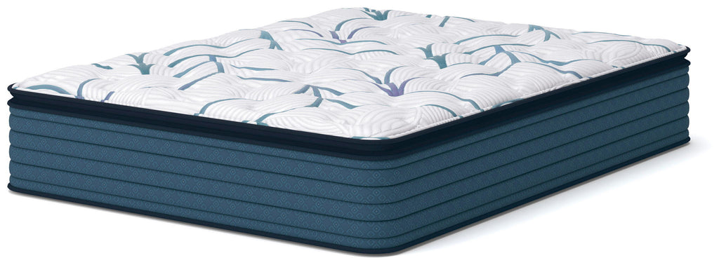 Queen plush PT 3.0 mattress, white quilted top with blue leaf pattern, dark teal sides