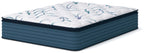 Queen plush PT 3.0 mattress, white quilted top with blue leaf pattern, dark teal sides