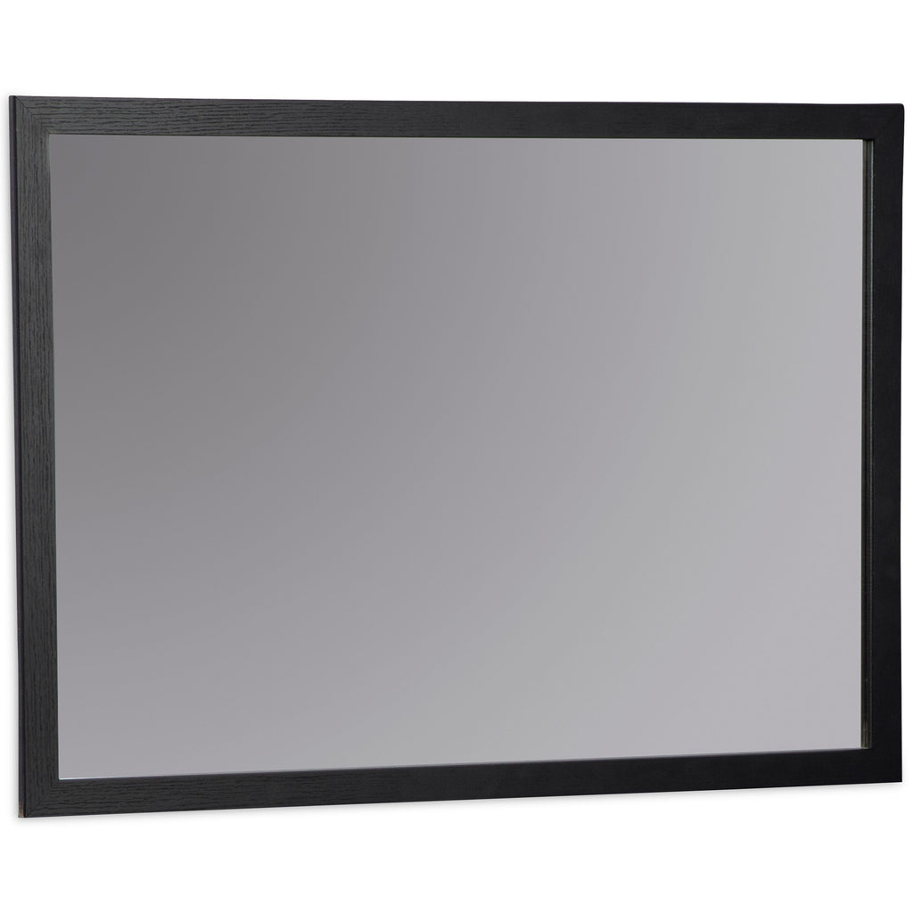 Black bedroom mirror with dark frame, rectangular wall-mounted design