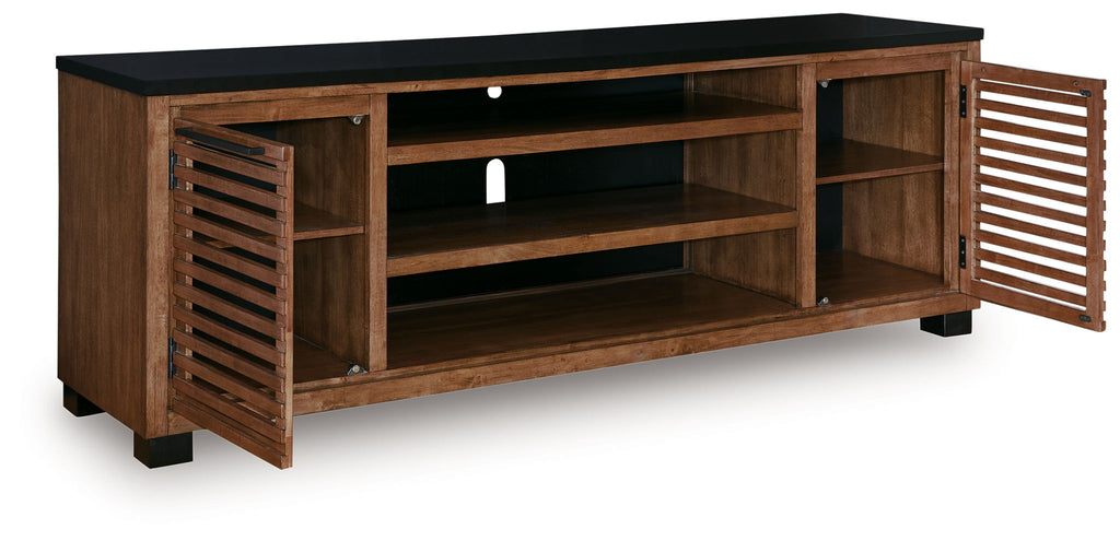 Dark brown TV stand with open storage, slatted doors, and central shelves