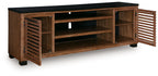 Dark brown TV stand with open storage, slatted doors, and central shelves