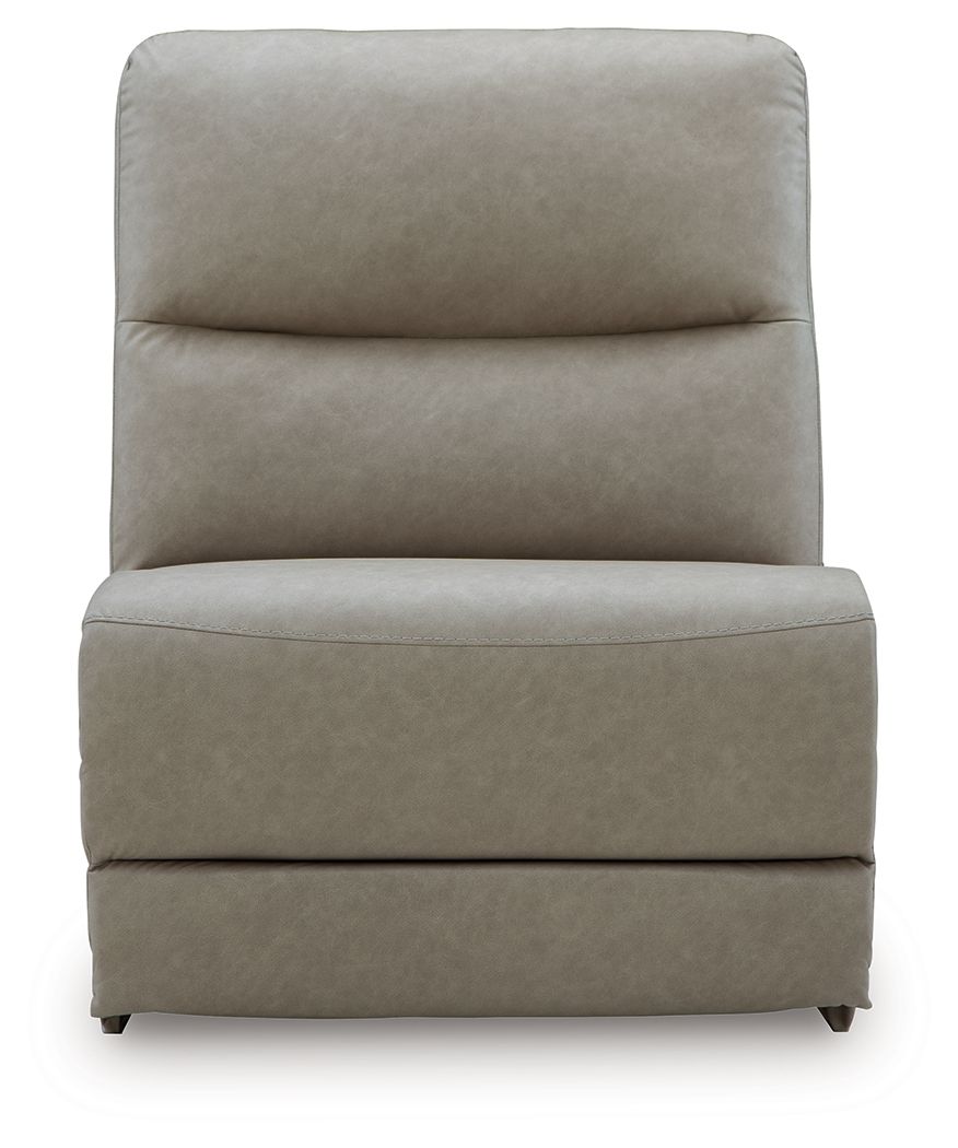 Pebble armless chair with rectangular seat, cushioned back, low tapered legs