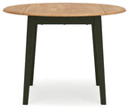 Round drop-leaf dining table with round top and dark legs, side view