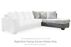 Right-arm facing corner chaise with light gray ribbed cushions and dark base
