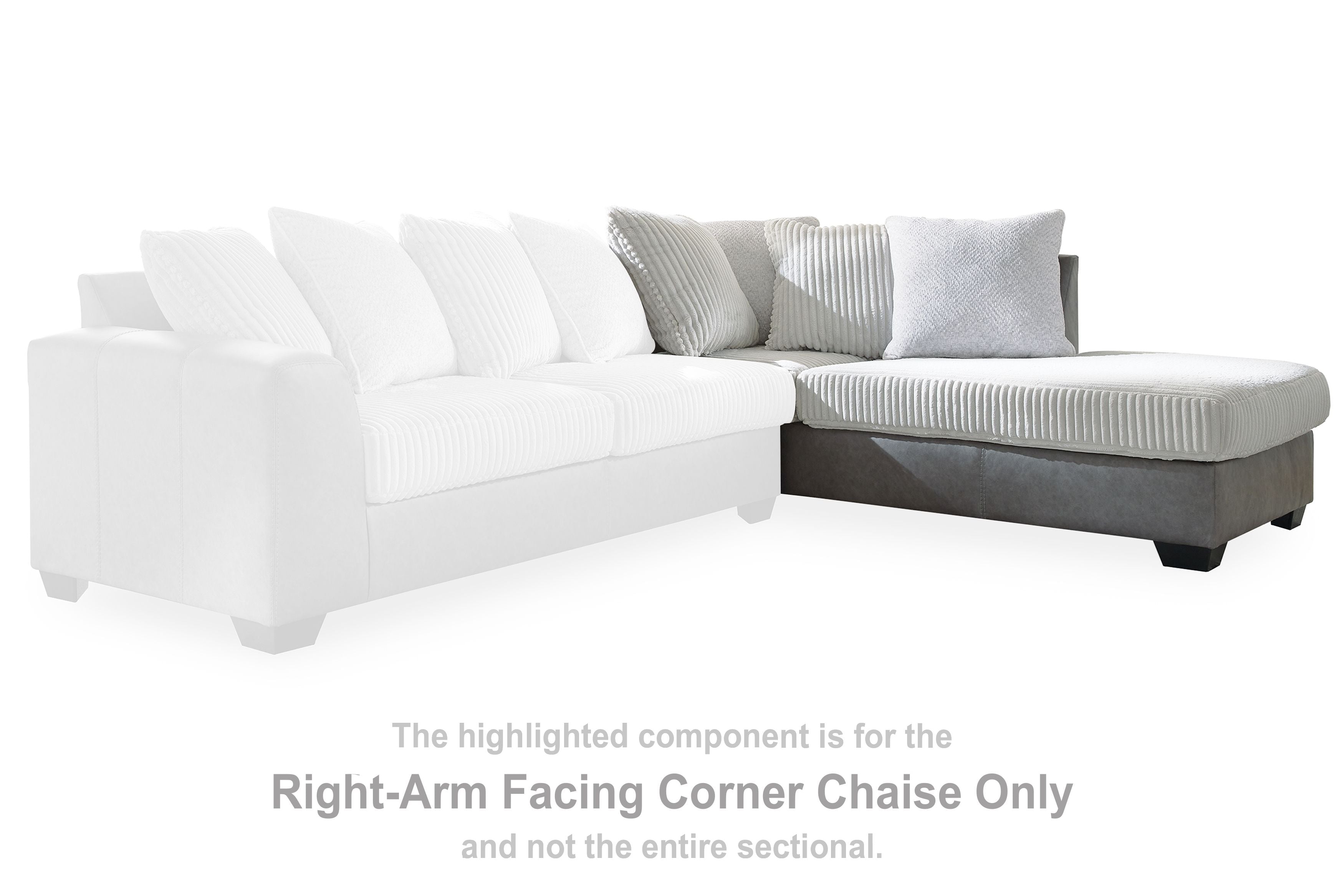 Right-arm facing corner chaise with light gray ribbed cushions and dark base
