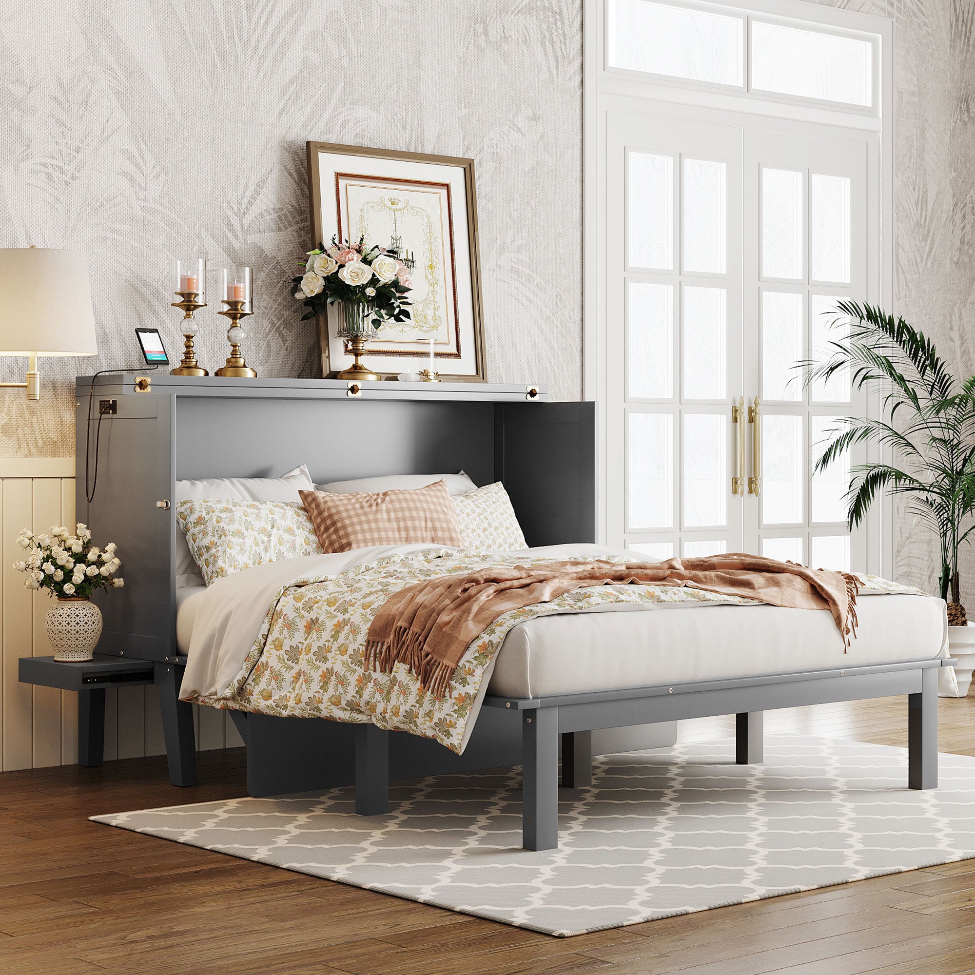 Queen Size Murphy Bed | USB, Removable Shelves, Gray