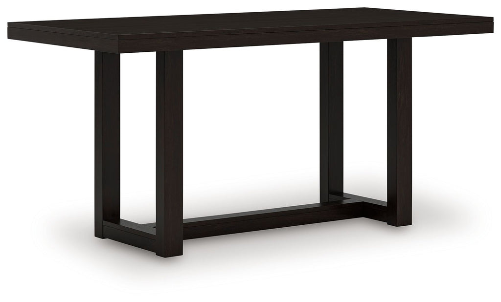 Rectangular dining room counter table with dark base and open lower shelf