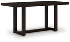 Rectangular dining room counter table with dark base and open lower shelf