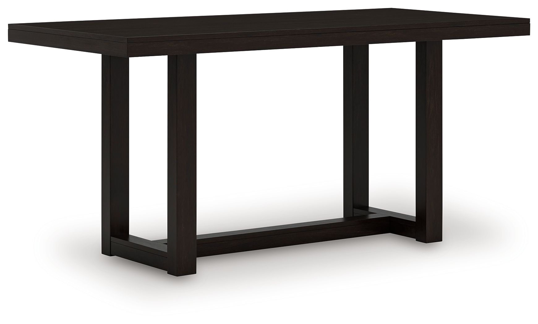 Rectangular dining room counter table with dark base and open lower shelf