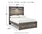 Panel bed with four side drawers in dark distressed wood, white mattress and pillows