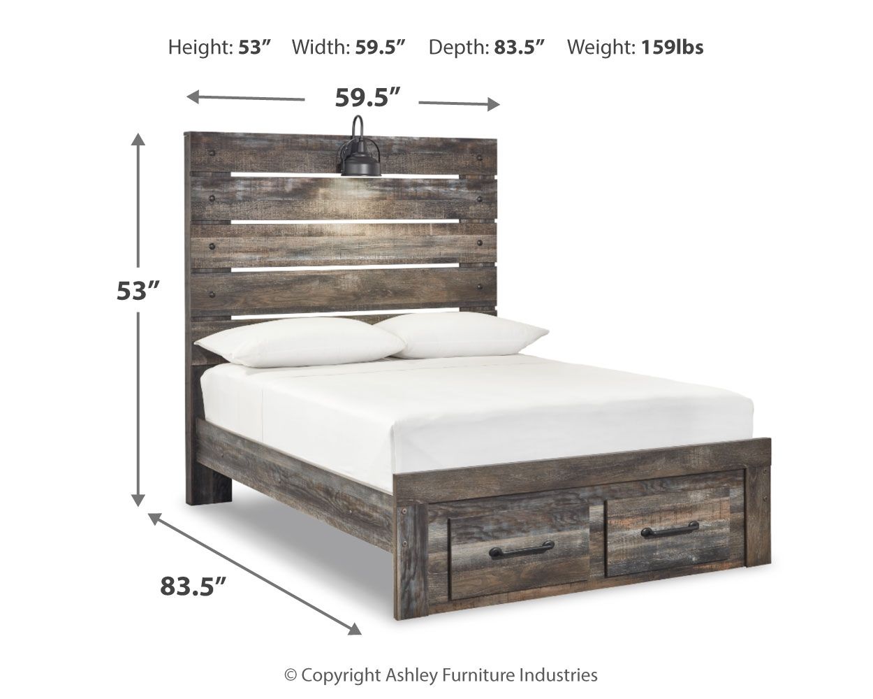 Panel bed with four side drawers in dark distressed wood, white mattress and pillows