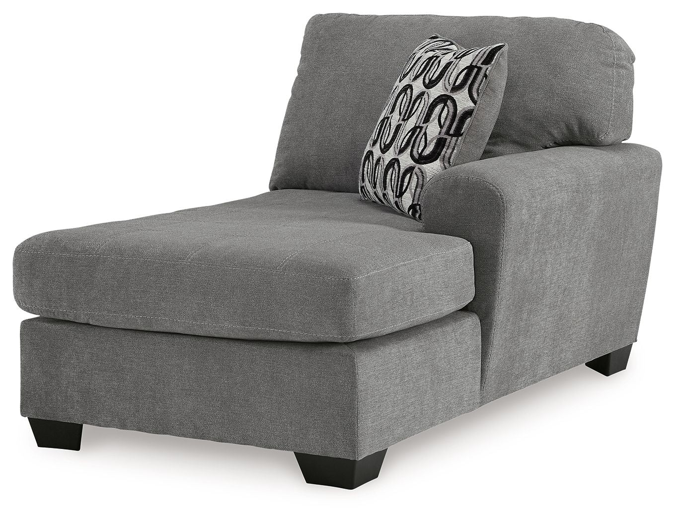Gray corner chaise with rounded arm and patterned back cushion