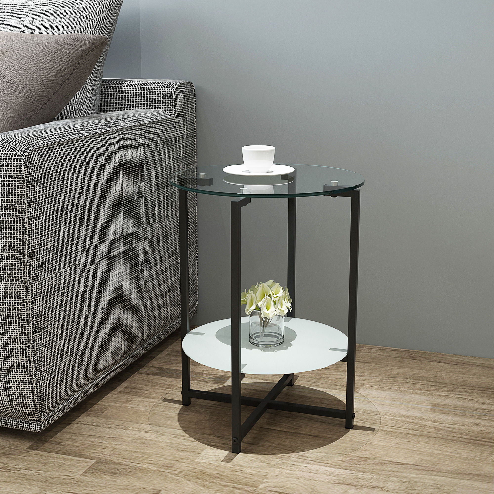 2 - Layer Tempered Glass End Table, Round Coffee Table For Bedroom Office