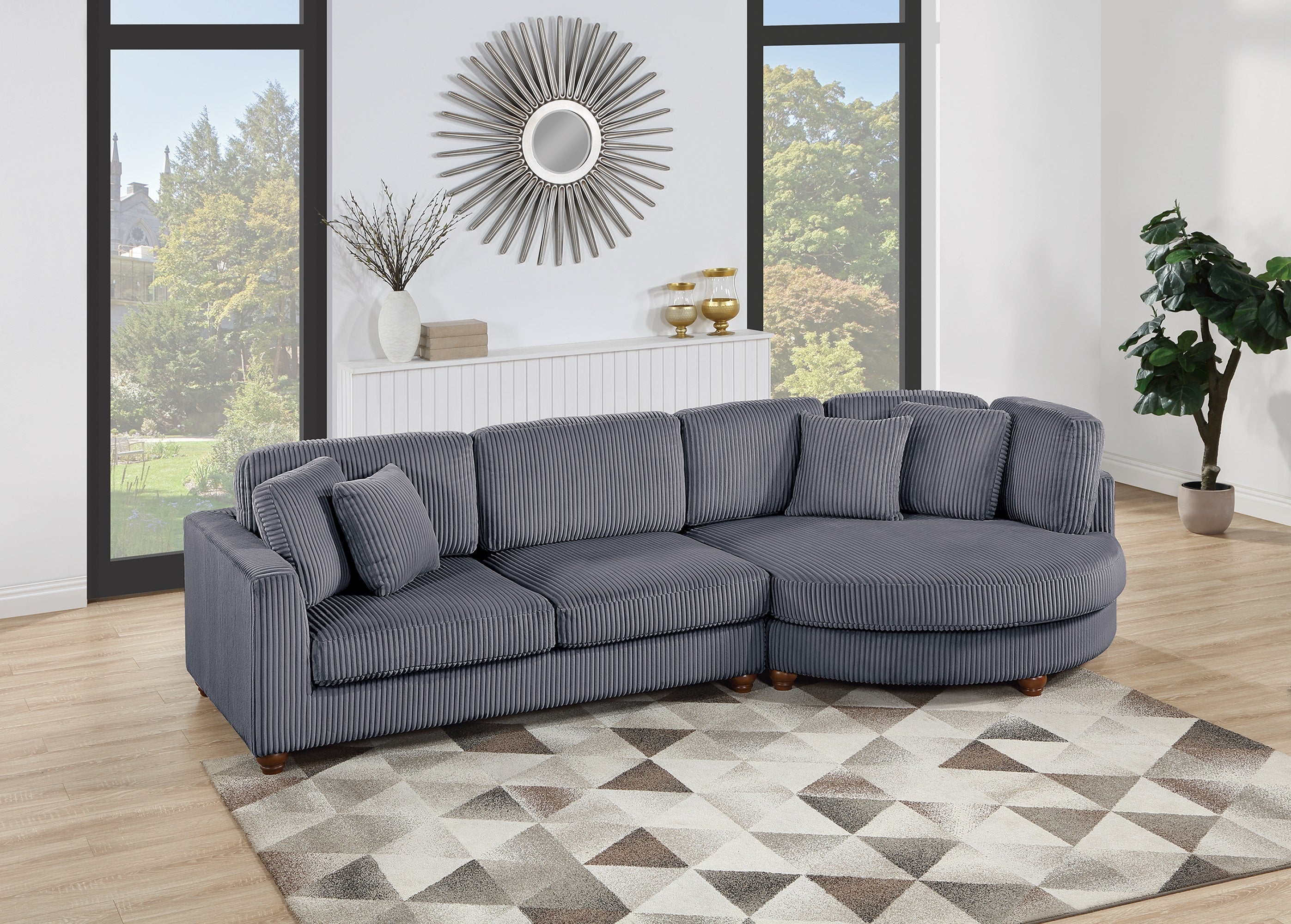 Dark Gray Corduroy Sectional: Plush XL Sofa & Round Chaise