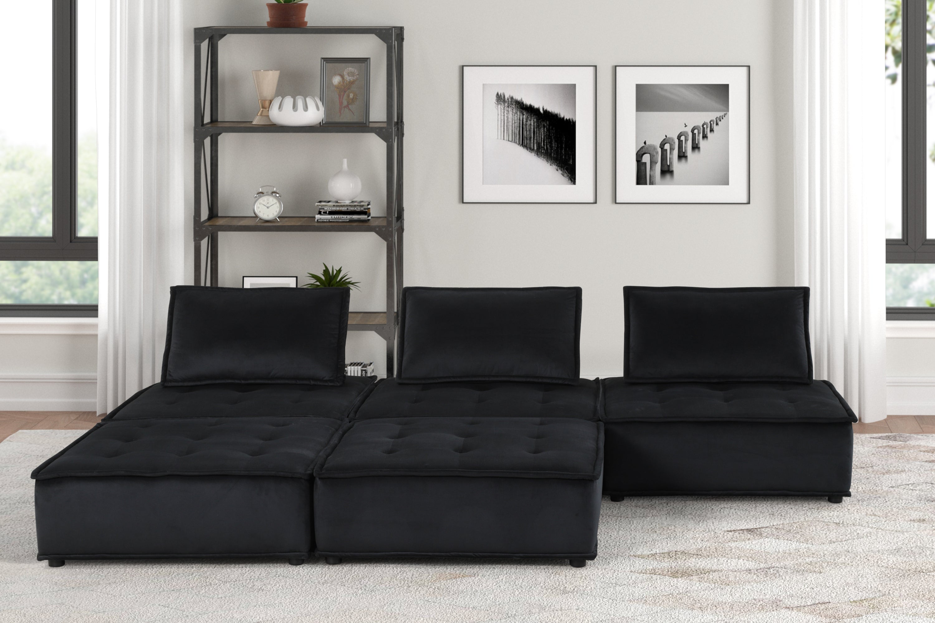 Anna 120" Black Velvet 5 Pc Sectional Sofa w/ Ottoman