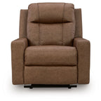 Caramel zero-wall recliner with tufted back, padded arms, and wide cushioned seat