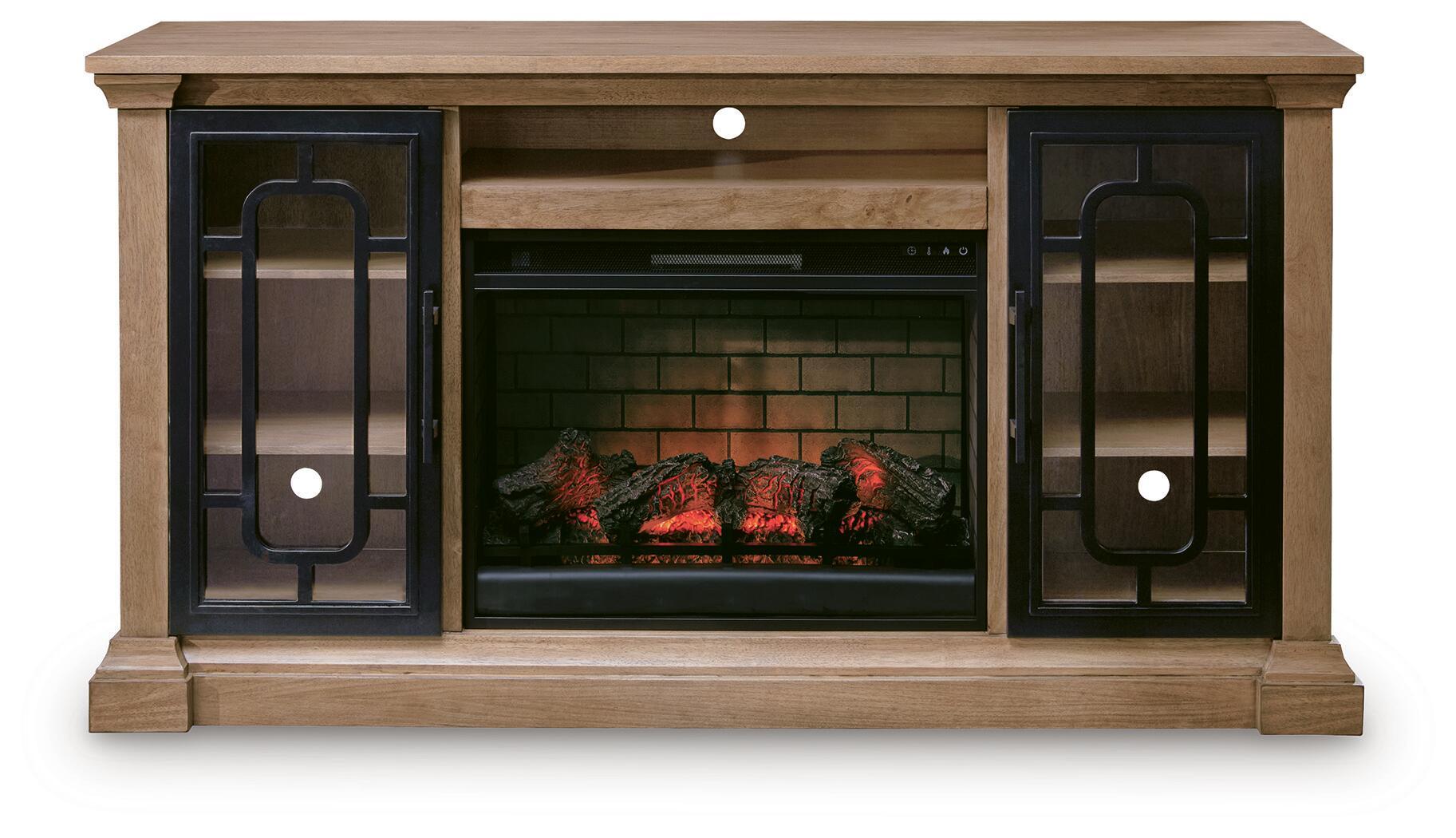 Light brown TV stand with two glass-front doors and electric fireplace insert with glowing flames.