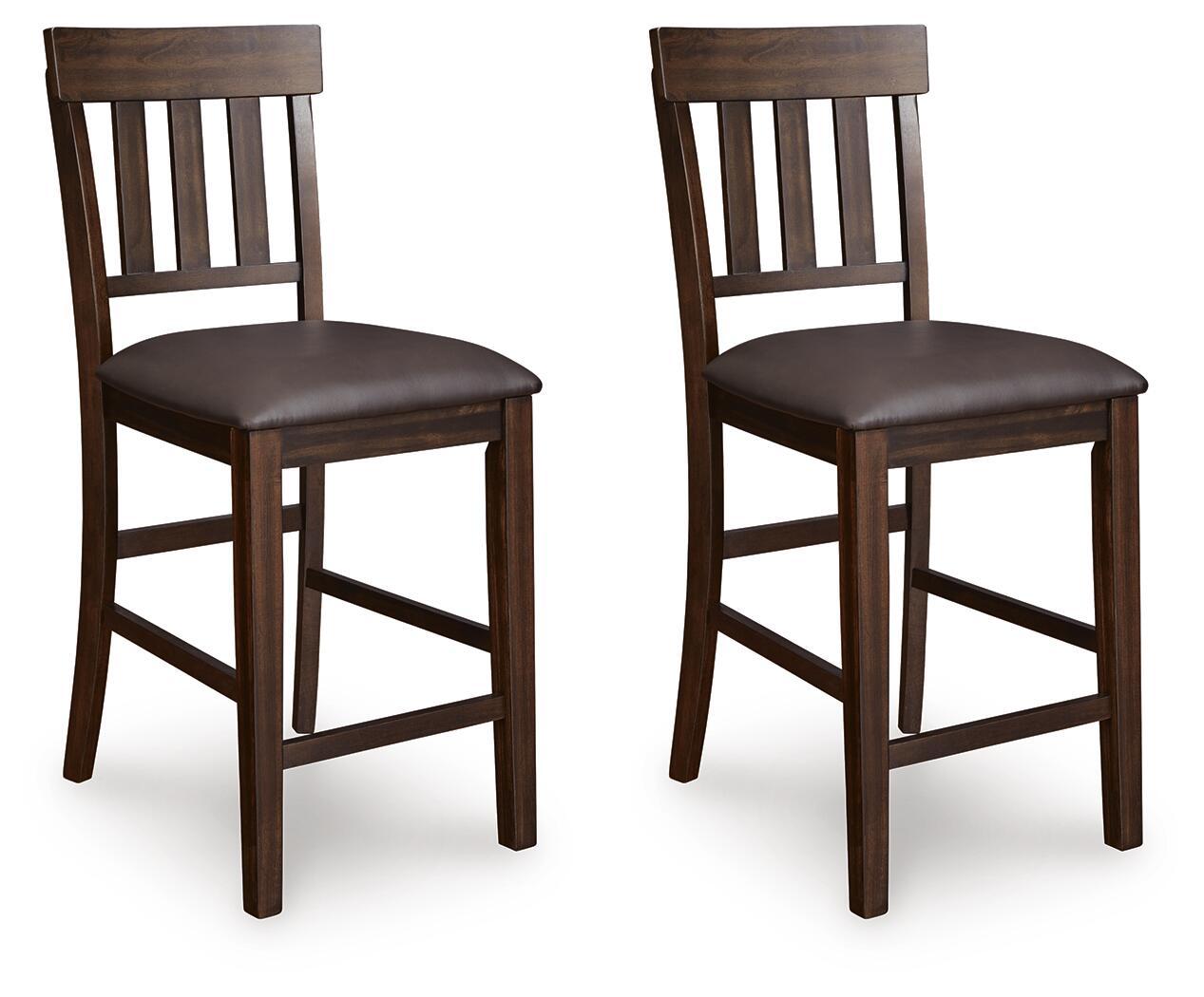Set of 2 dark brown upholstered barstools with padded seats and backrests