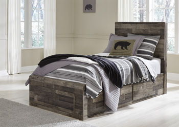 Rustic wood panel bed with low frame, gray and black striped bedding and throws